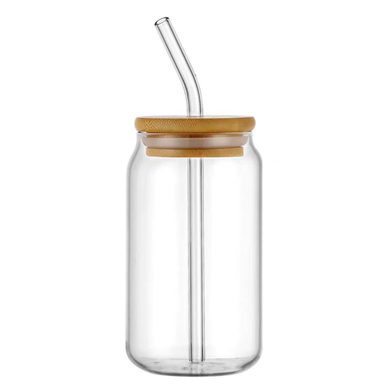 Customized Reusable Clear Glass Can of Sublimation Beer Shaped Tumbler with Bamboo Lid Straw for Tea Cup Milk Coffee Soda Lemon Iced Water Drinking Beverage