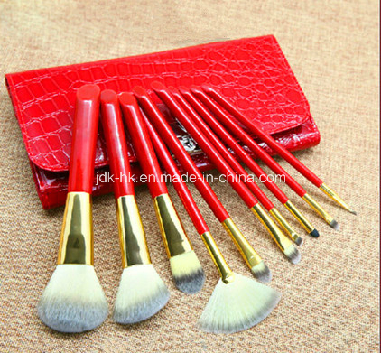 10PCS Elegant Cosmetic Makeup Brush in Red Leather