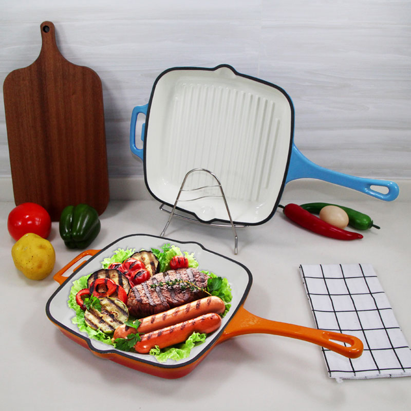 10.3'' Inch Enamel Cast Iron Steak Grill Griddle Pan Kitchenware Cookware Cooker Orange Color