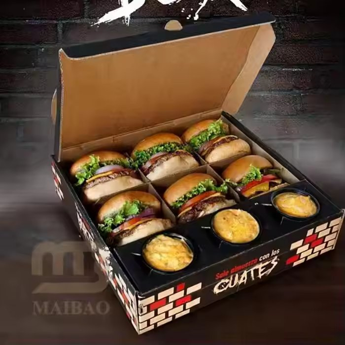 Kraft Corrugated Sandwich Pizza Burger French Fries Bento Box Chicken Cookie Packaging with Sauce Cup Divider