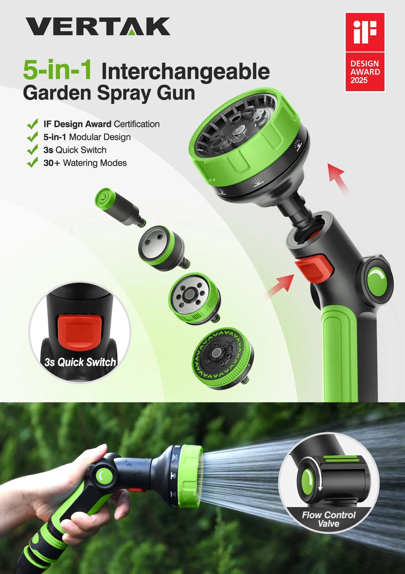 Switchable 5-in-1 Garden Water Hose Nozzle Garden Pressure Spray Gun Car Washing Sprayer with Multi Patterns
