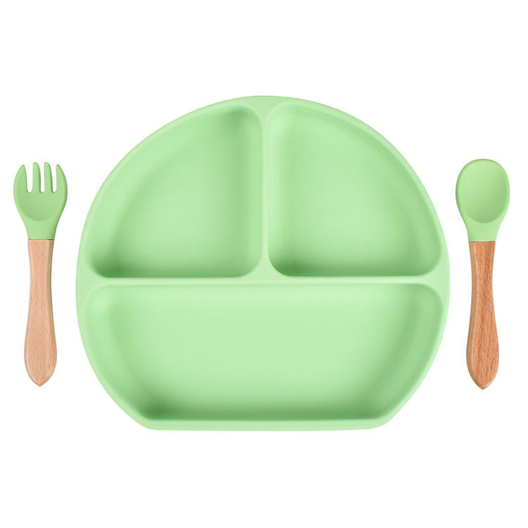 Food Grade Silicone Eco-Friendly Baby Feeding Plates with Wood Spoon Sucker Plate