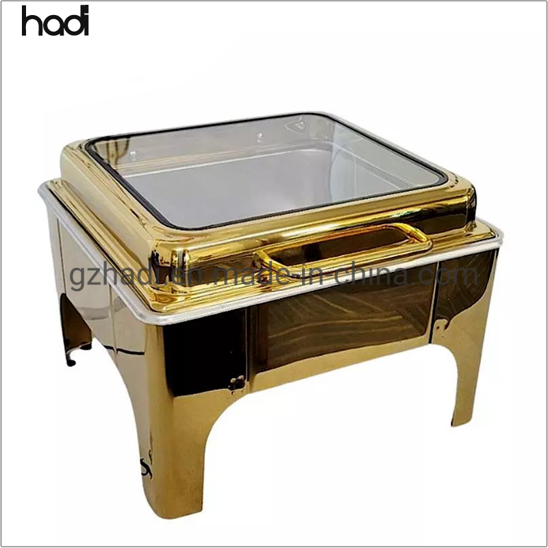 Hotel and Restaurant Supplies Wholesale Buffet Food Warmer Square Gold Chafer Dish Hydraulic Stainless Steel Cheffing Dishes Gold with Big Glass Top