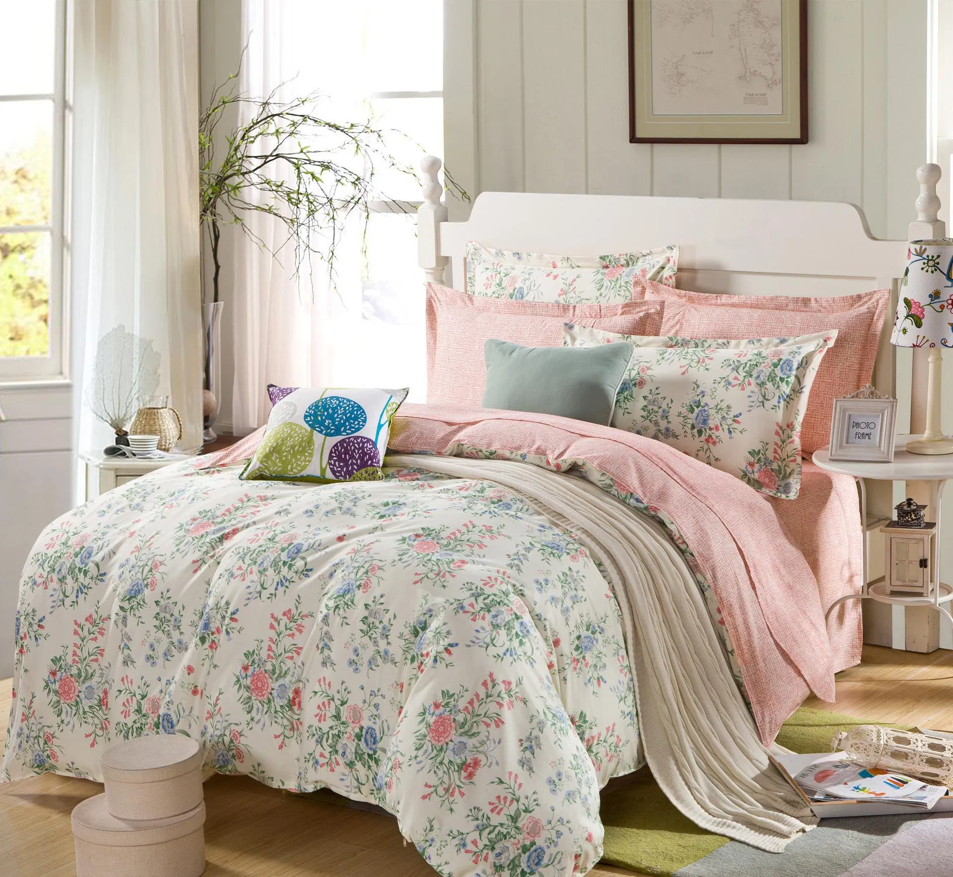 Printed Fabric and 100% Polyester Linen Bedspread Sheet Bedding Set