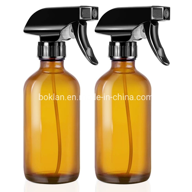 8oz 16oz 32oz / Amber Round Glass Spray Bottle with Top Black Spray Pump Essential Oil Glass Bottle