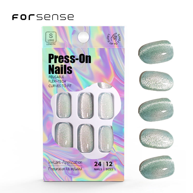 Shiny Cat Eye Press on Nails Short Round Magnet Fake Nail Magnetic Wholesale Glitter Holographic False Nail Art 3D Custom Design