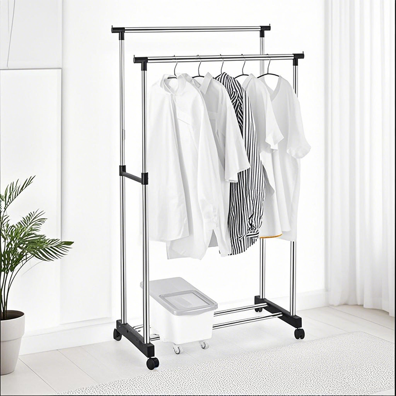 Double Rod Cloth Hanging Garment Rack Extendable Portable Stainless Steel Dryer DIY with Wheels
