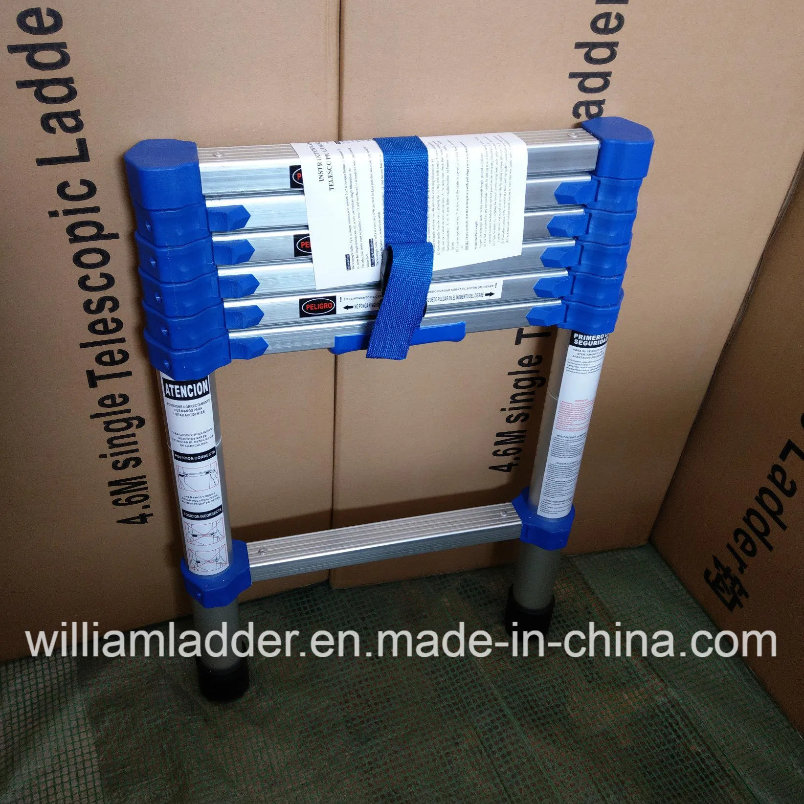 Blue Color Single Telescopic Ladder 2m with Strengthen Big Nylon Plastic 30cm Step Disctance