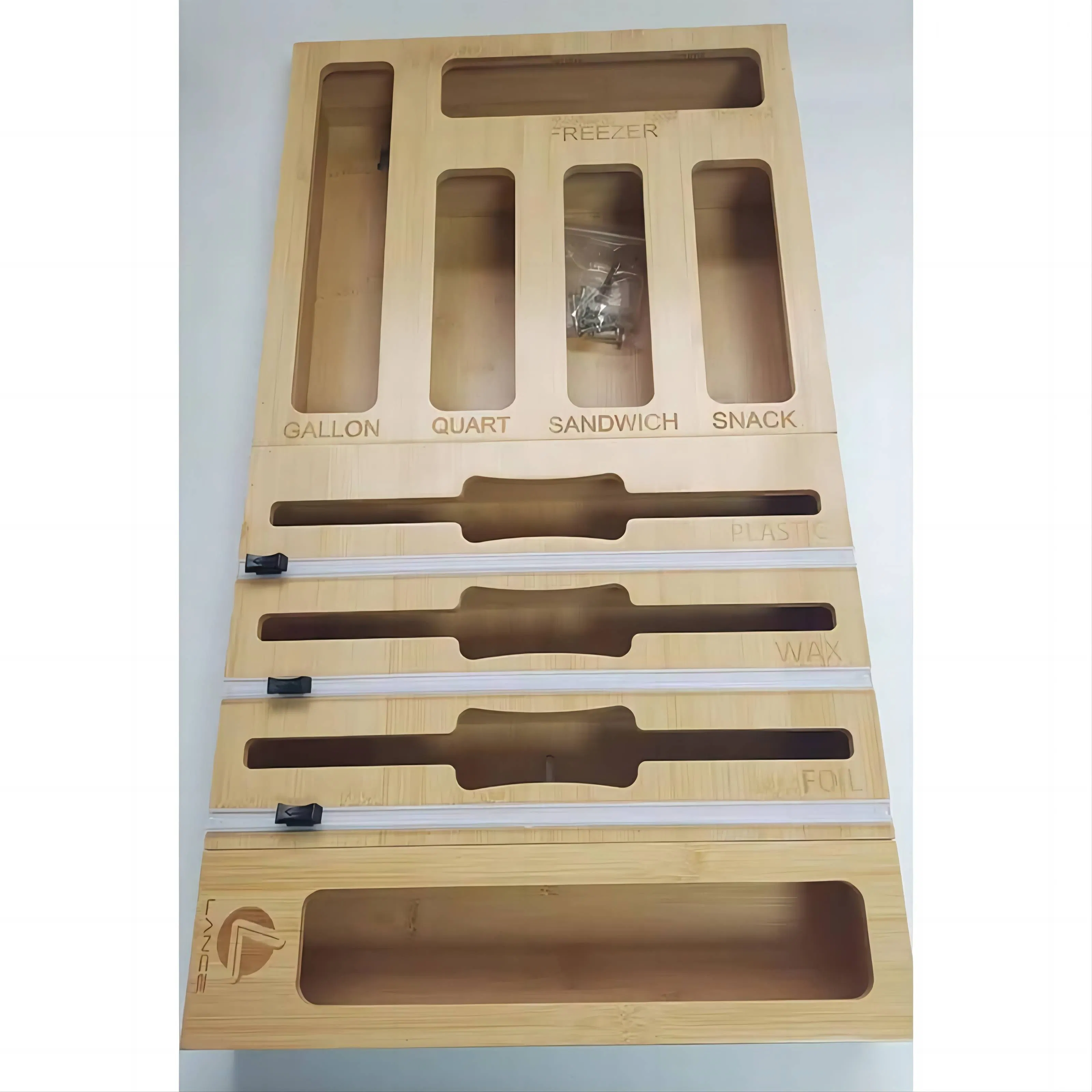 Custom Design 9 in 1 Bamboo Ziplock Bag Organizer Set with Plastic Film Cutters