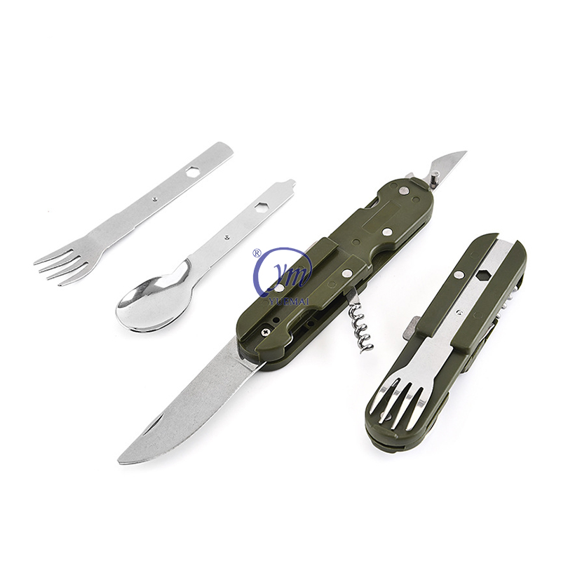 Yuemai Hot Sale Stainless Steel Outdoor Multifunctional Tableware Three Piece Set of Knives, Forks, and Spoons