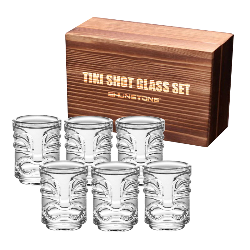 Personalized Tiki Shot Glasses Set of 6 Cocktail Whiskey Shot Glass with Wooden Box Barware Gift Set for Party Tavern