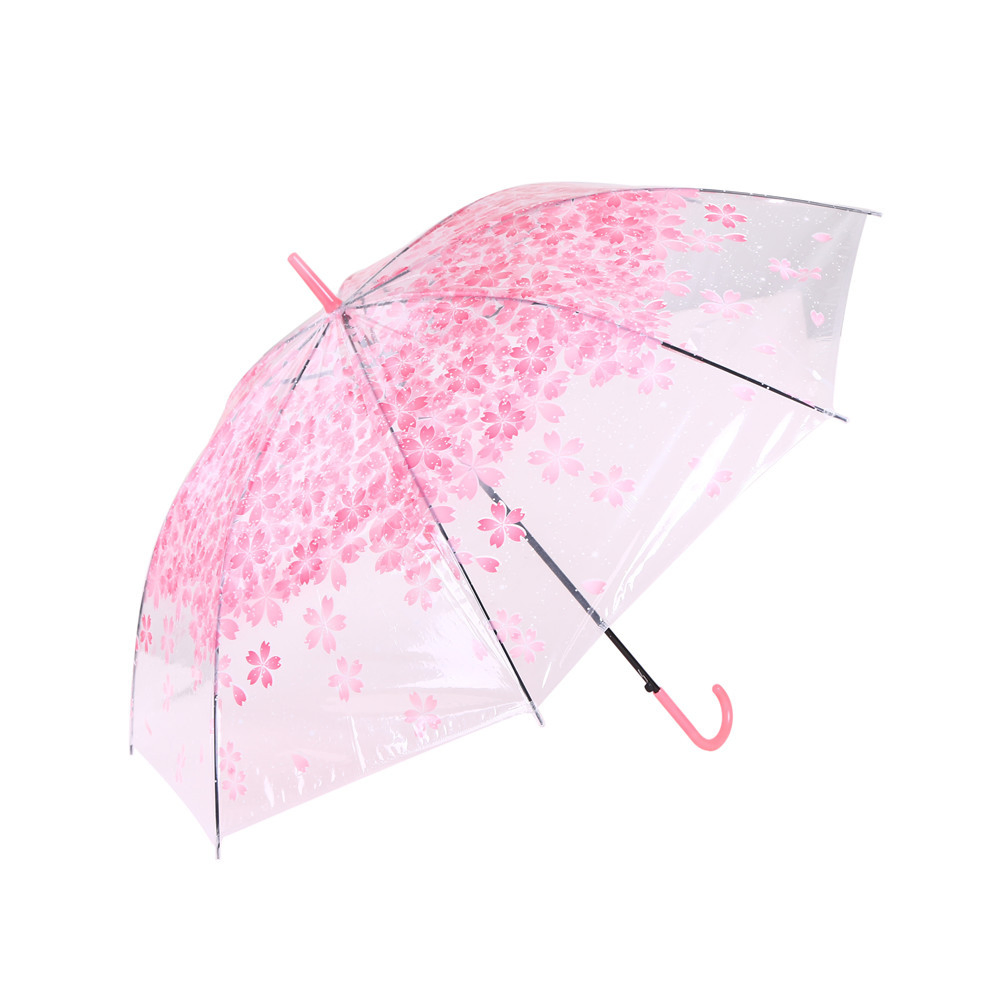 Custom Women's Rain Umbrella Transparent Clear Cherry Blossom Mushroom Sakura Printed Dome Rain Princess Long Handle Umbrella