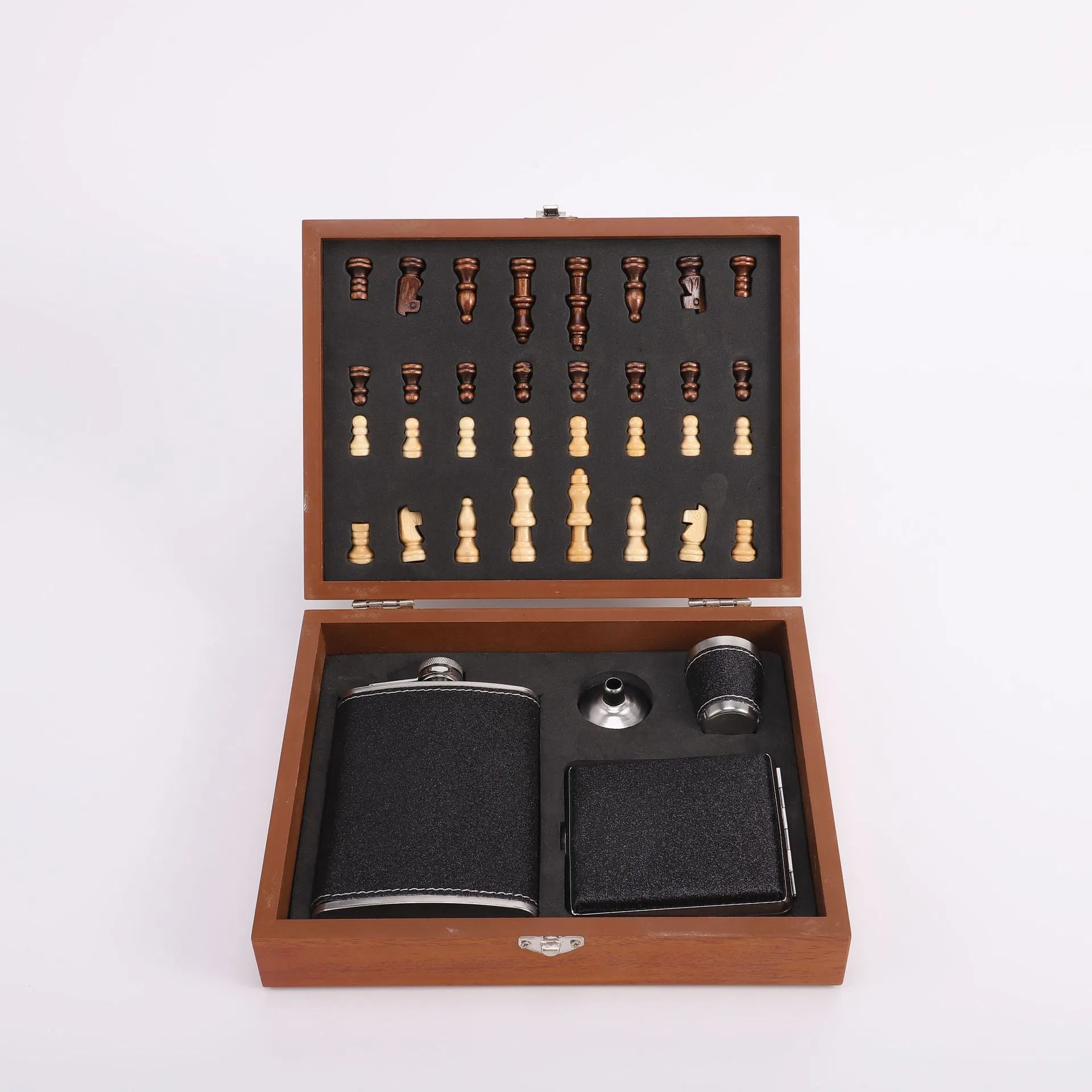 Whiskey Chess Box Brown Wooden Chess Board Box Stainless Steel with PU Leather 8oz Hip Flask with Funnel and Whiskey Glasses for Men