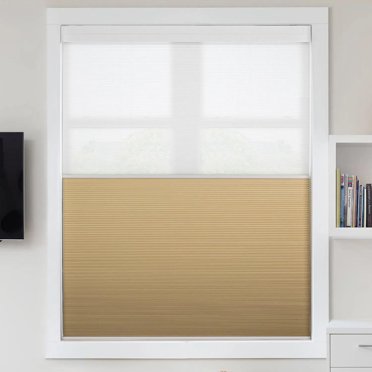 Sisheng Battery Operated Motorized Honeycomb Window Shades Top Down and Bottom up Cellular Electric Blinds with Vertical Pattern for Windows Curtains
