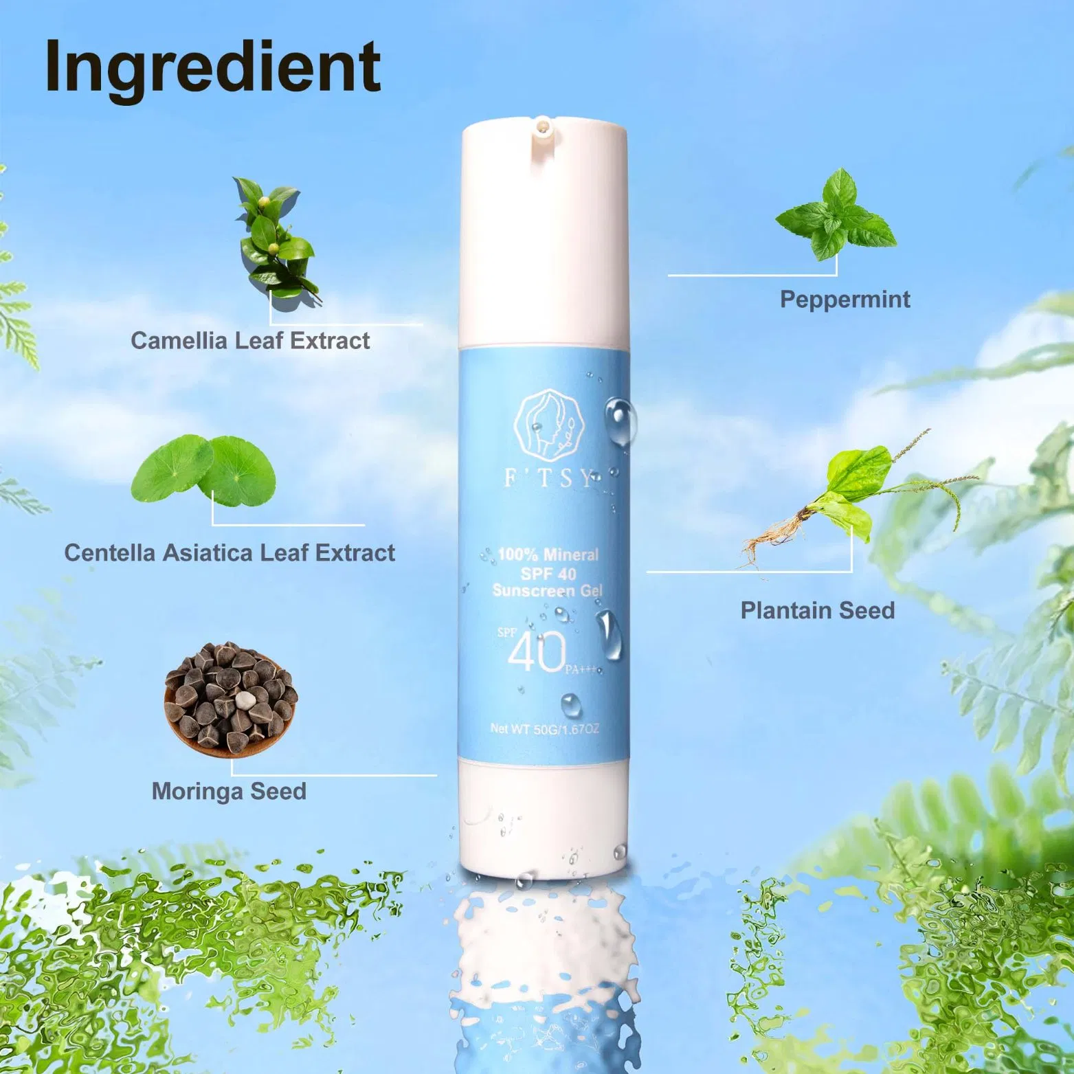 Private Label 100% Natural SPF 40 UV Protection Waterproof Transparent Sunscreen Gel