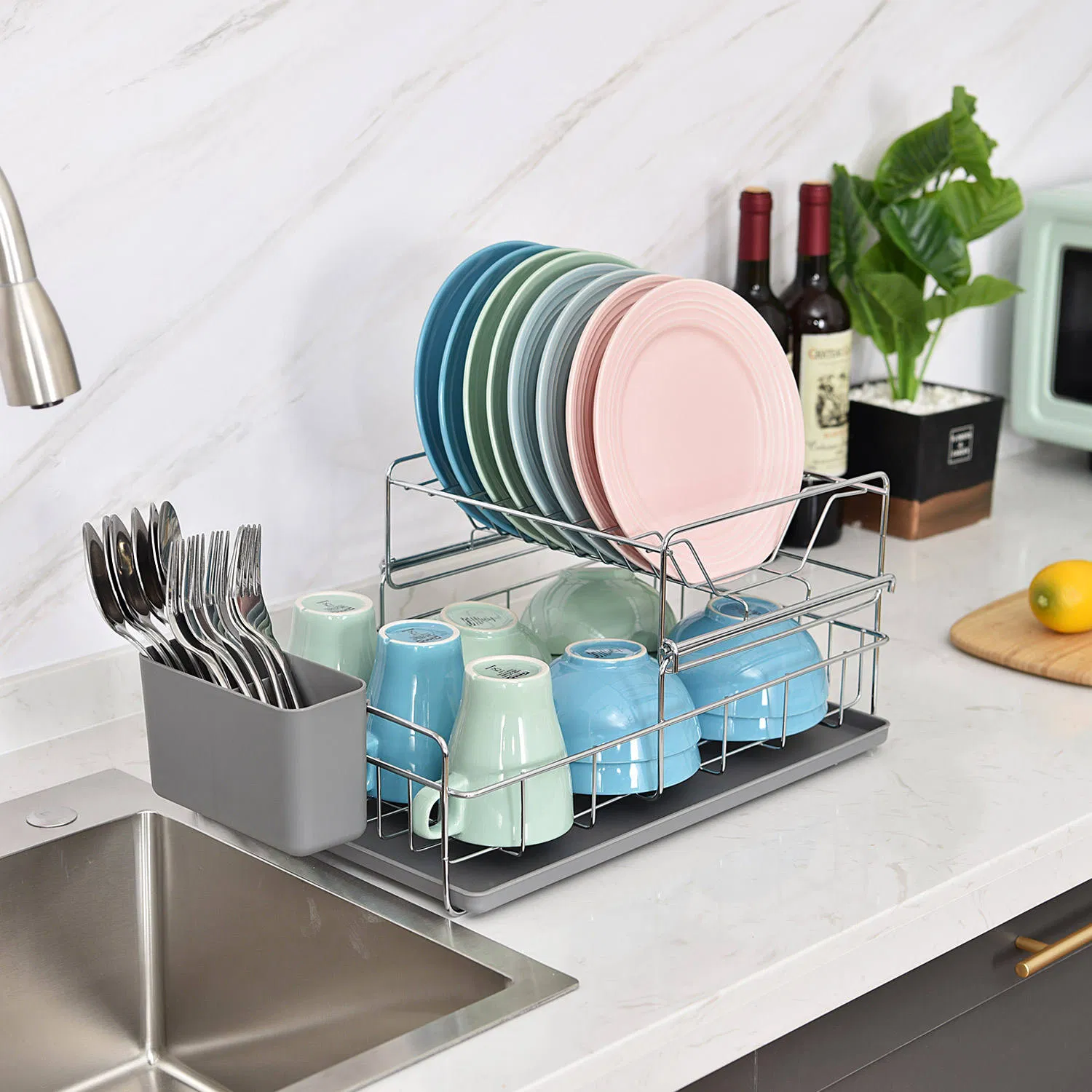 Двухуровневая сушилка для посуды с крючками