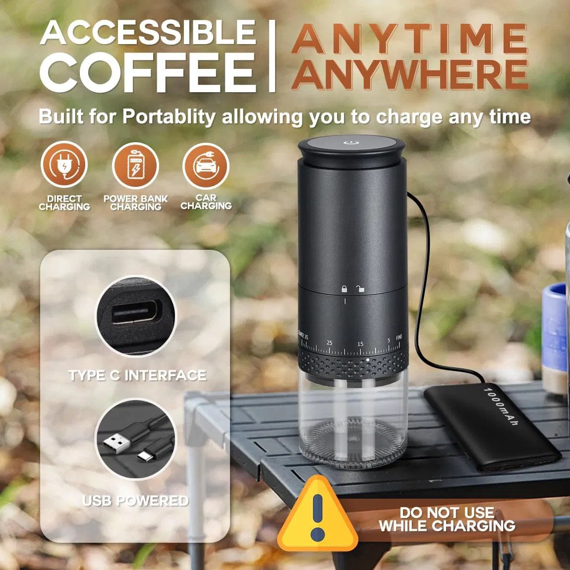 Portable Coffee Grinder with Stainless Steel Conical Mill for Travel, Camping