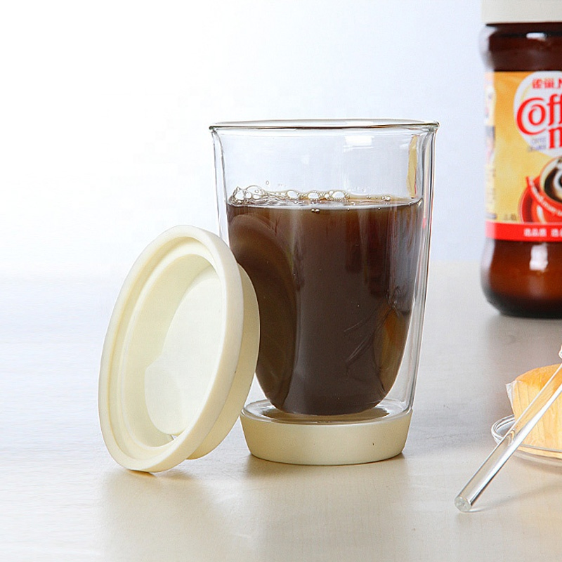High Borosilicate Glass Double Wall Coffee Cup with Silicon Lid