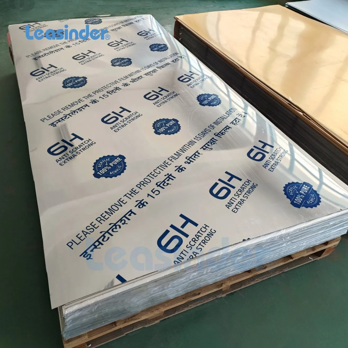 Leasinder High Quality China Factory Extruded 4FT X 8FT Gold Mirror Sheet High Light Reflectivity PE Film PMMA Acrylic 0.8mm-5mm Thickness Custom Cutting