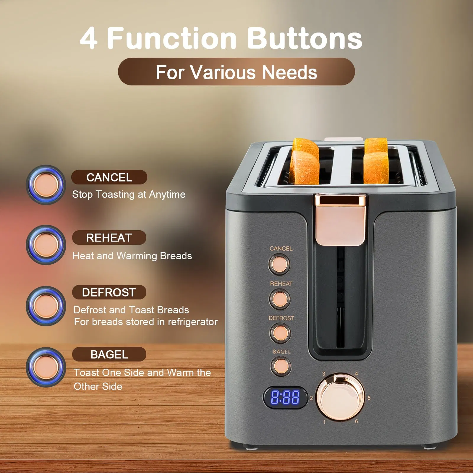 Hot Sale 6 Browning Settings Warming Rack Long Slot 4 Slice Toaster