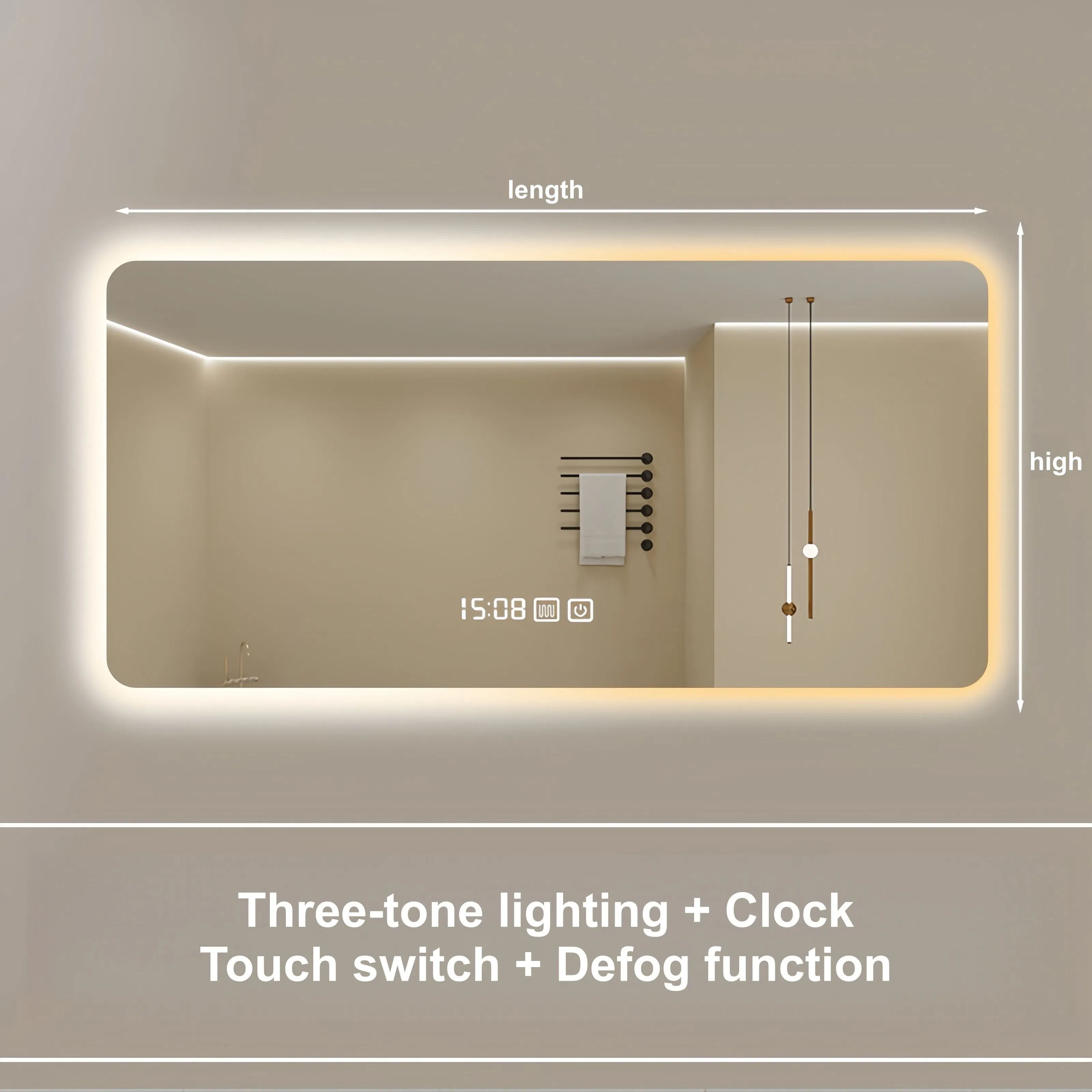 Modern LED Anti-Fog Three Stone Motion Detection Frameless Bathroom Mirror with Clock