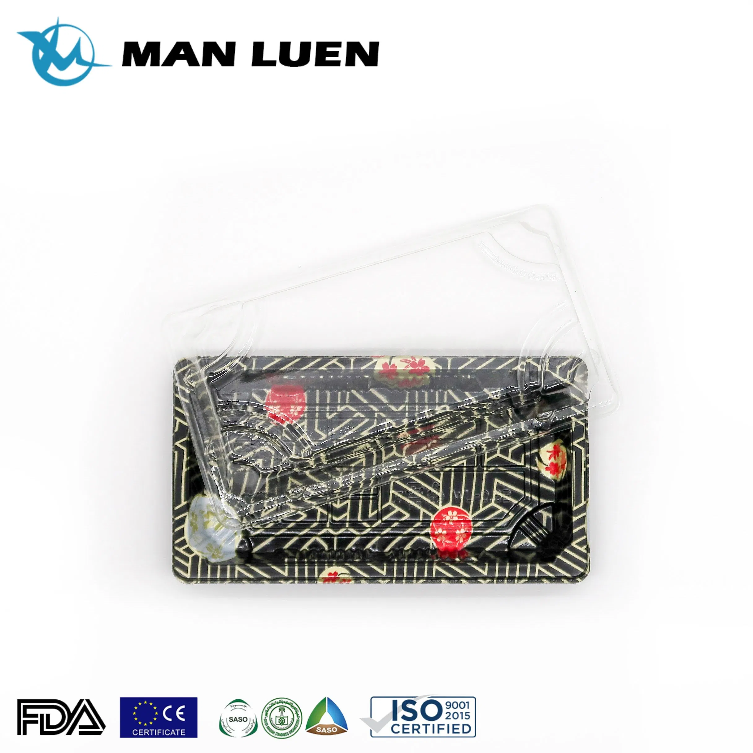 Disposable Japanese Plastic Take out Food Container to Go Small Rectangle Black Sakura Print Sushi Packaging Box