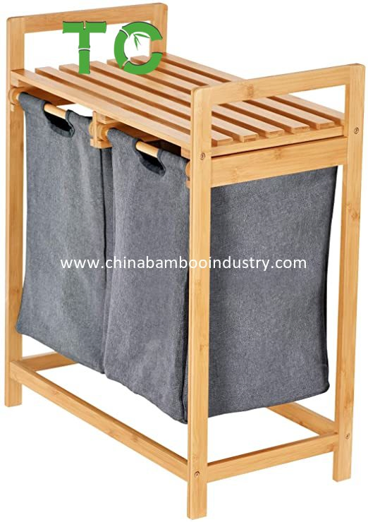 Wholesale Bamboo Laundry Hamper and Shelf 2 Sections Laundry Basket with Removable Sliding Liners Laundry Hamper Sorter