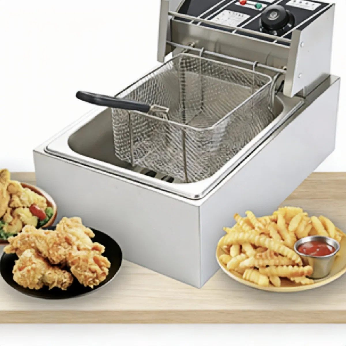 Stainless Steel Commercial Fryer Removable Oil Basket and Lid