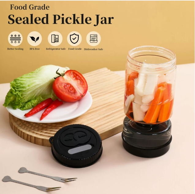 Reusable Food-Grade Glass Pickle Jar with Dry-Wet Separation & Airtight Lid