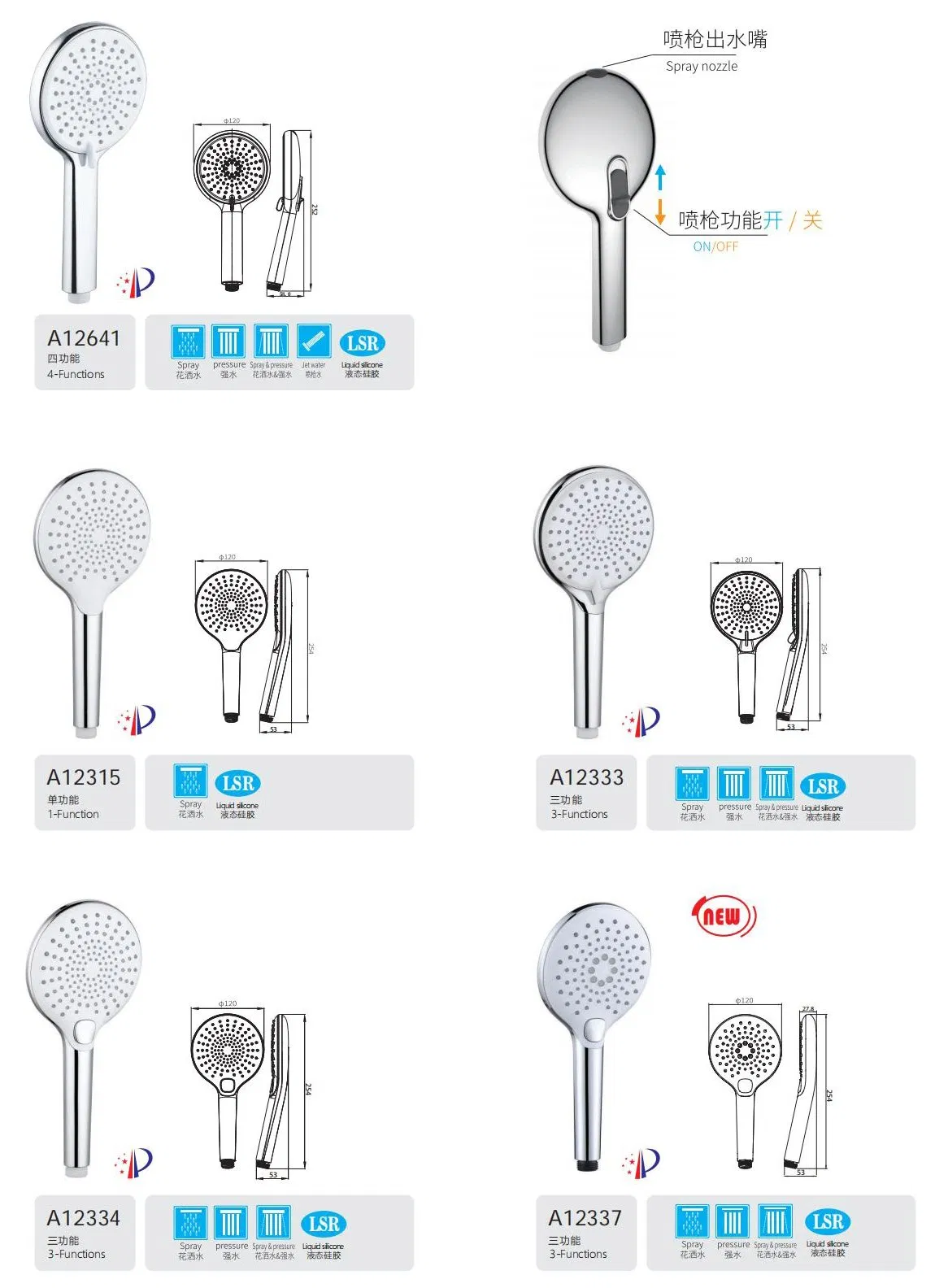 Bathroom Accessories Kitchen Faucet 4 Function ABS Plastic Round Chrome Black Top Rainfall Powerful Spray High Pressure Rain Hand Held Best Shower Head