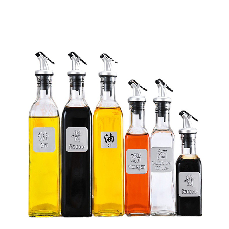 250ml 16 Oz 500ml Empty Kitchen Square Vinegar Glass Cooking Olive Oil Bottle with Pourer Spout for Condiment Soy Sauce