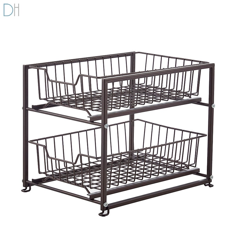 Kitchen Storage Cabinet Organizer Sink Rack with Push Pull Metal Wire Shelf