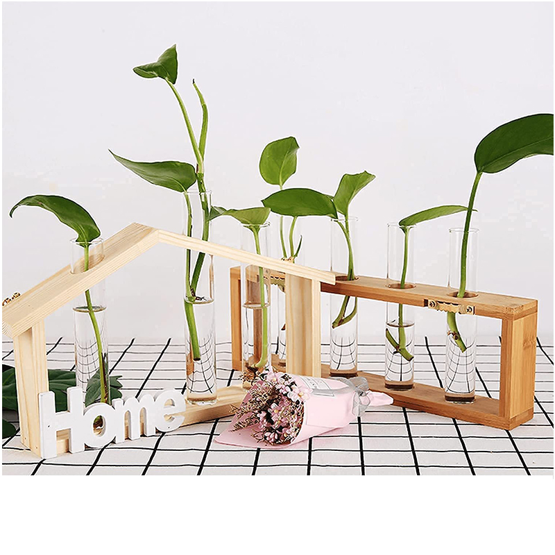 Wooden Stand Wall Hanging Planters with 3 Hydroponic Plant Glass Vase for Home Office