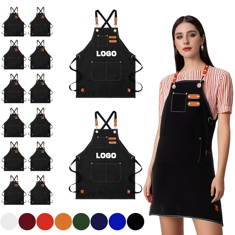 Kitchenware Wholesale Custom Logo Canvas Kitchen Apron Waterproof Oilproof Adjustable Waiter Washable Salon Barber Bakery Aprons