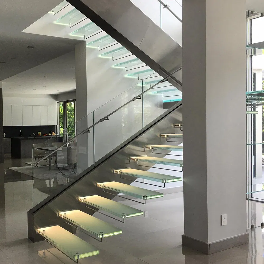 Hot Deal Double Stringer/Beam Staircase/Glass Stairs with Glass Railing and Wooden Tread