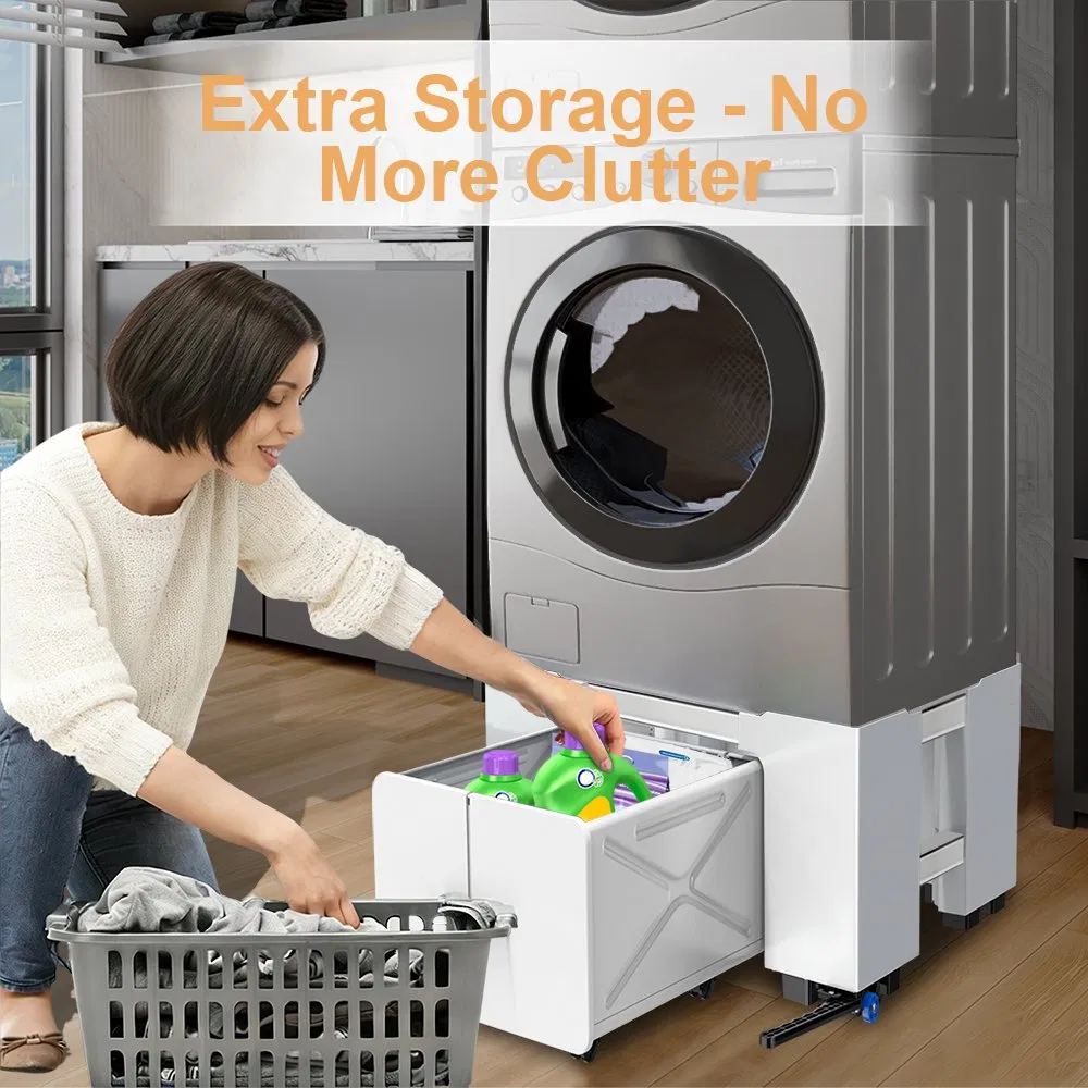 Compact Washing Machine Base with Storage Drawer for Washer and Dryer Pair