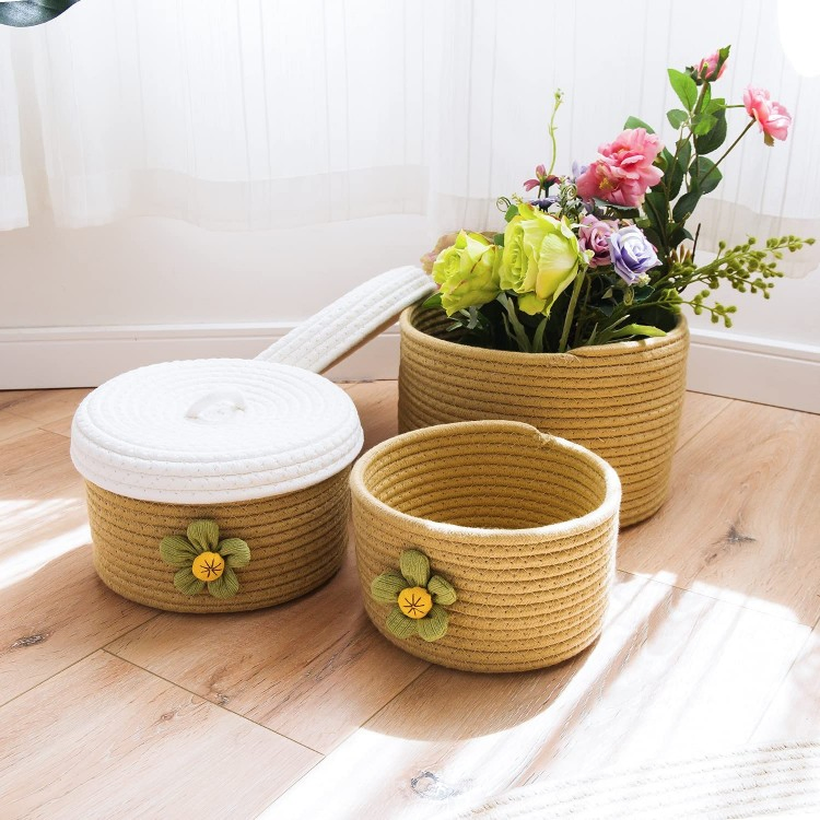 Small Woven Baskets with Lid Small Storage Baskets Cotton Rope Baskets