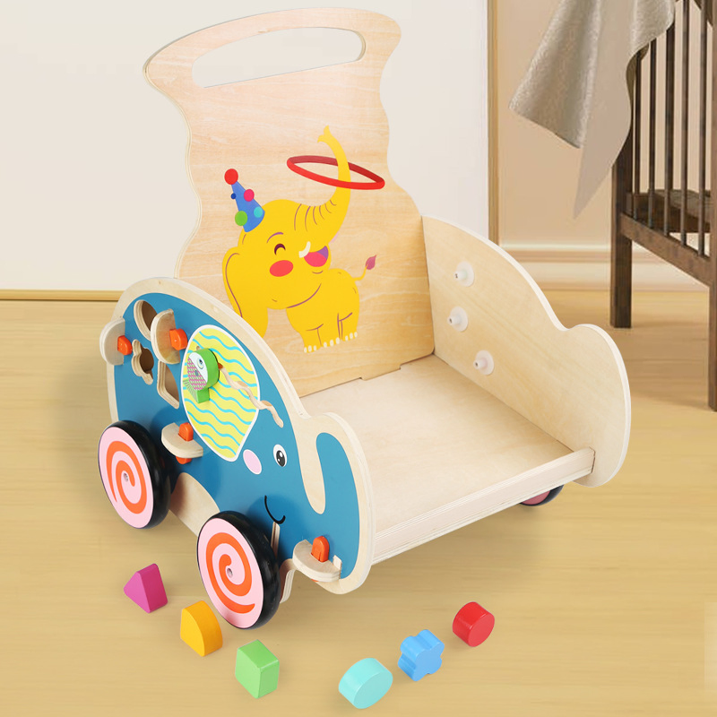 Pull Along Multifunctional Wooden Stollers Elephant Walkers with Blocks for Toddler Toys