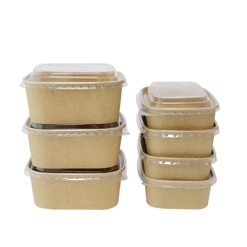 Paper Bowls Custom Take out 500ml 650ml Recentangle Disposable Kraft Paper Salad Bowl with Lid