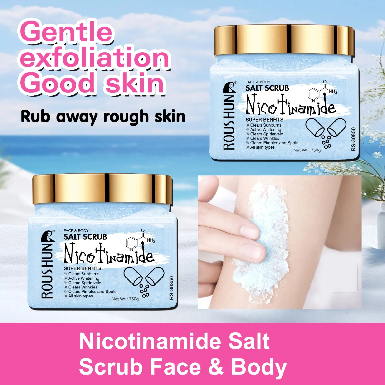 Roushun 750ml Whitening Professional Exfoliating Deep Cleaning and Softening Facial and Body Nicotinamide Salt Scrub for Skin