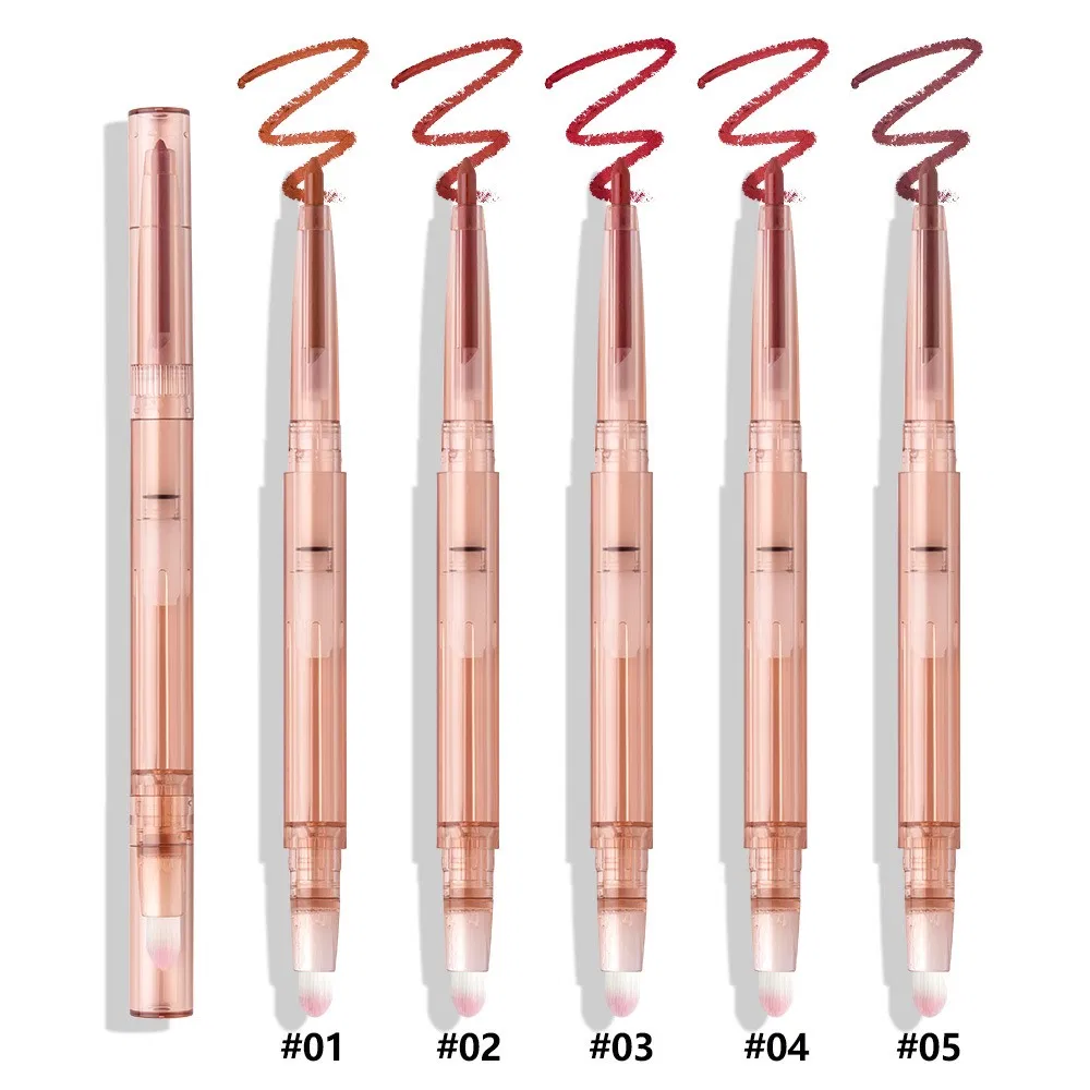 Double-Ended Rotating Lip Liner with Lip Brush Smooth Matte Velvet Lipstick Lipliner Pen