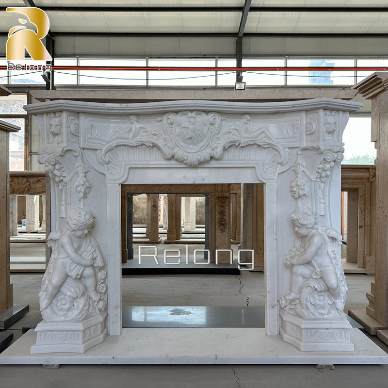 Exquisite Hand Carved White Marble Fireplace Surround with Three Baby Sculpture for Home Indoor Decor