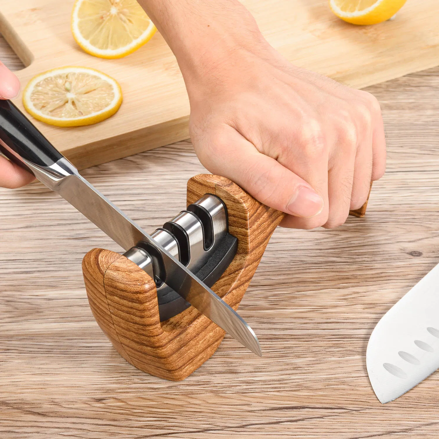 Portable Kitchen Tool Sharpener with Wood Grain Design for Household