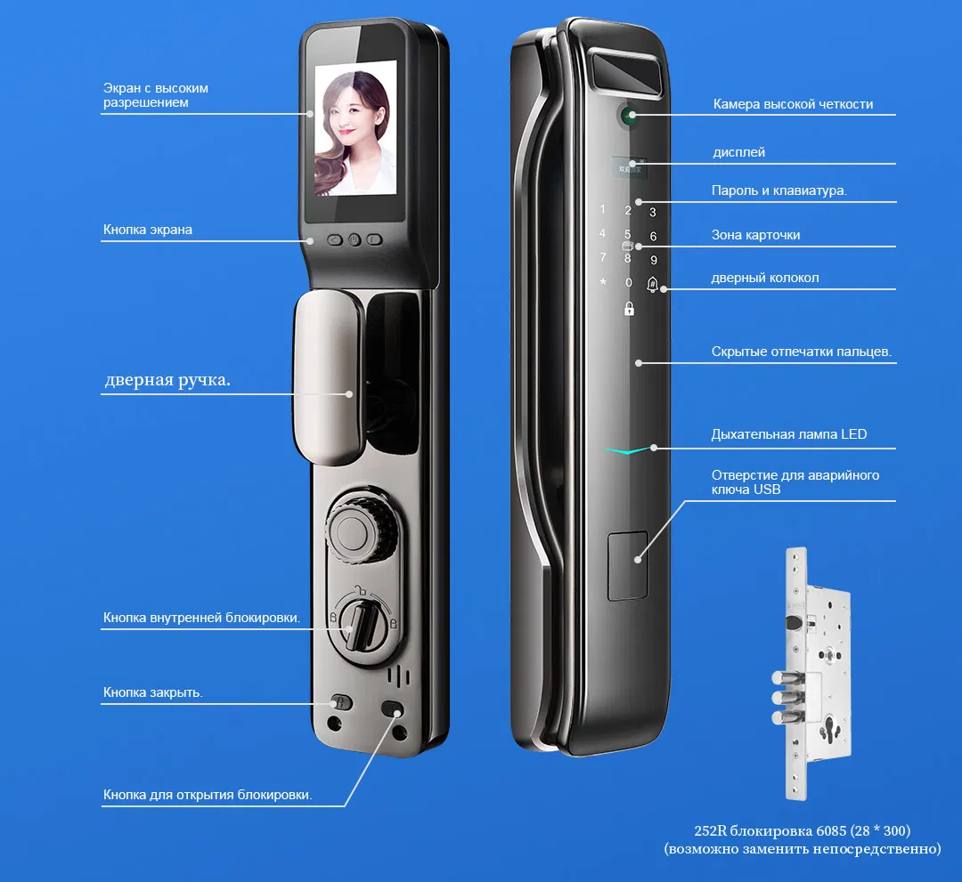 Russian Fingerprint Handle Mortise 6085 Latch Doors Locks for Front Door