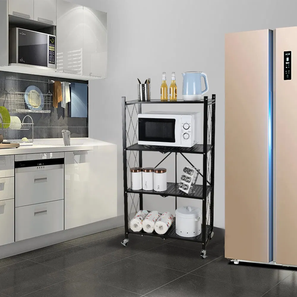 4-Tier Foldable Kitchen Standing Shelves Metal Storage Folding Rack with Wheels