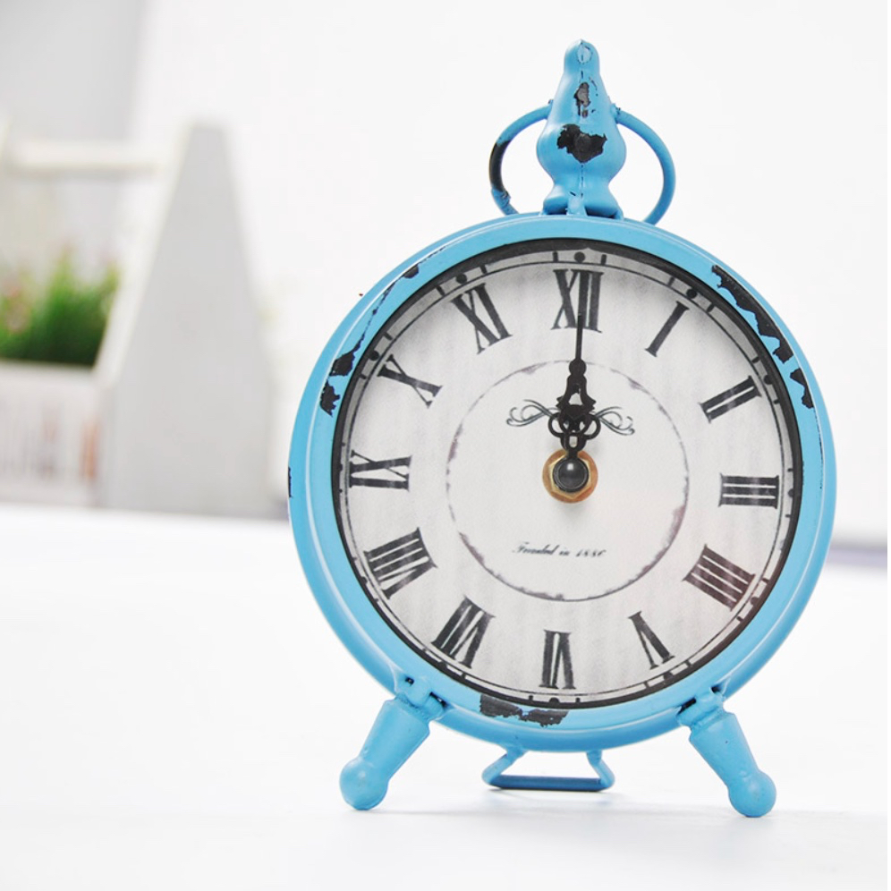 Perfect Gift Metal Frame Table Alarm Clocks Round Blue Iron Table Alarm