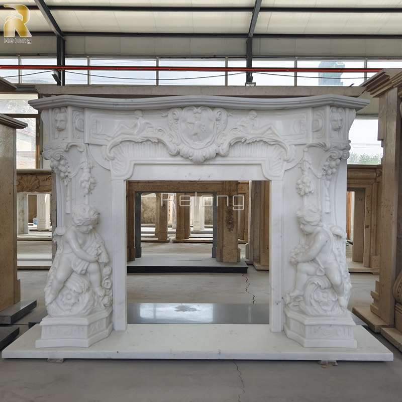 Interior Home Ornate Pure White Marble Fireplace Surround