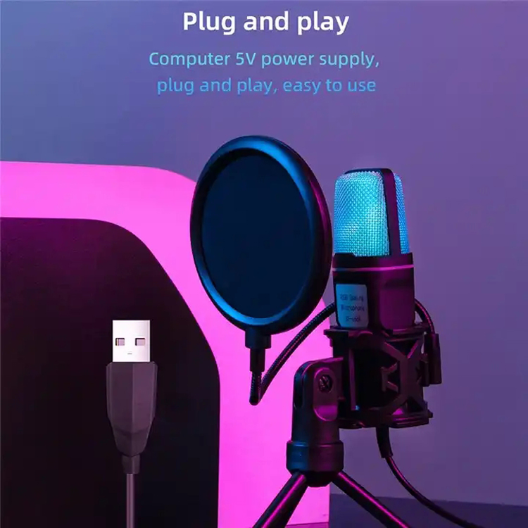 Gaming Microphone USB Condenser RGB Omnidirection Wired Filter Desktop Microphone for PC Recording Studio Live