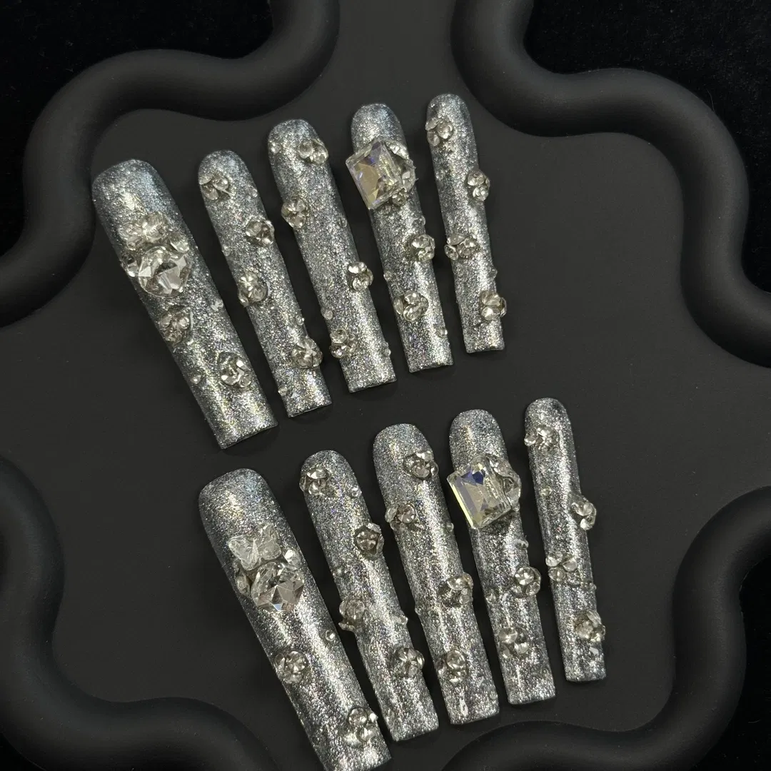 French Fake Nails Tip Custom Private Label Fingernail Silver Glitter Coffin Rhinestone French False Press on Nails