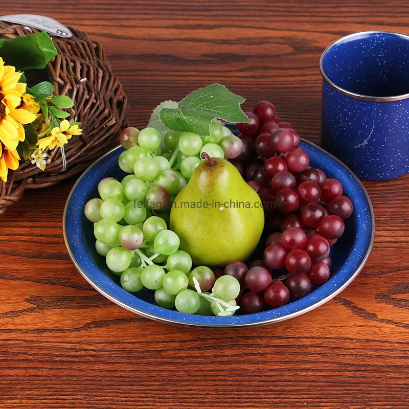 Round Enamel Dinner Plate Tableware with Stainless Rim